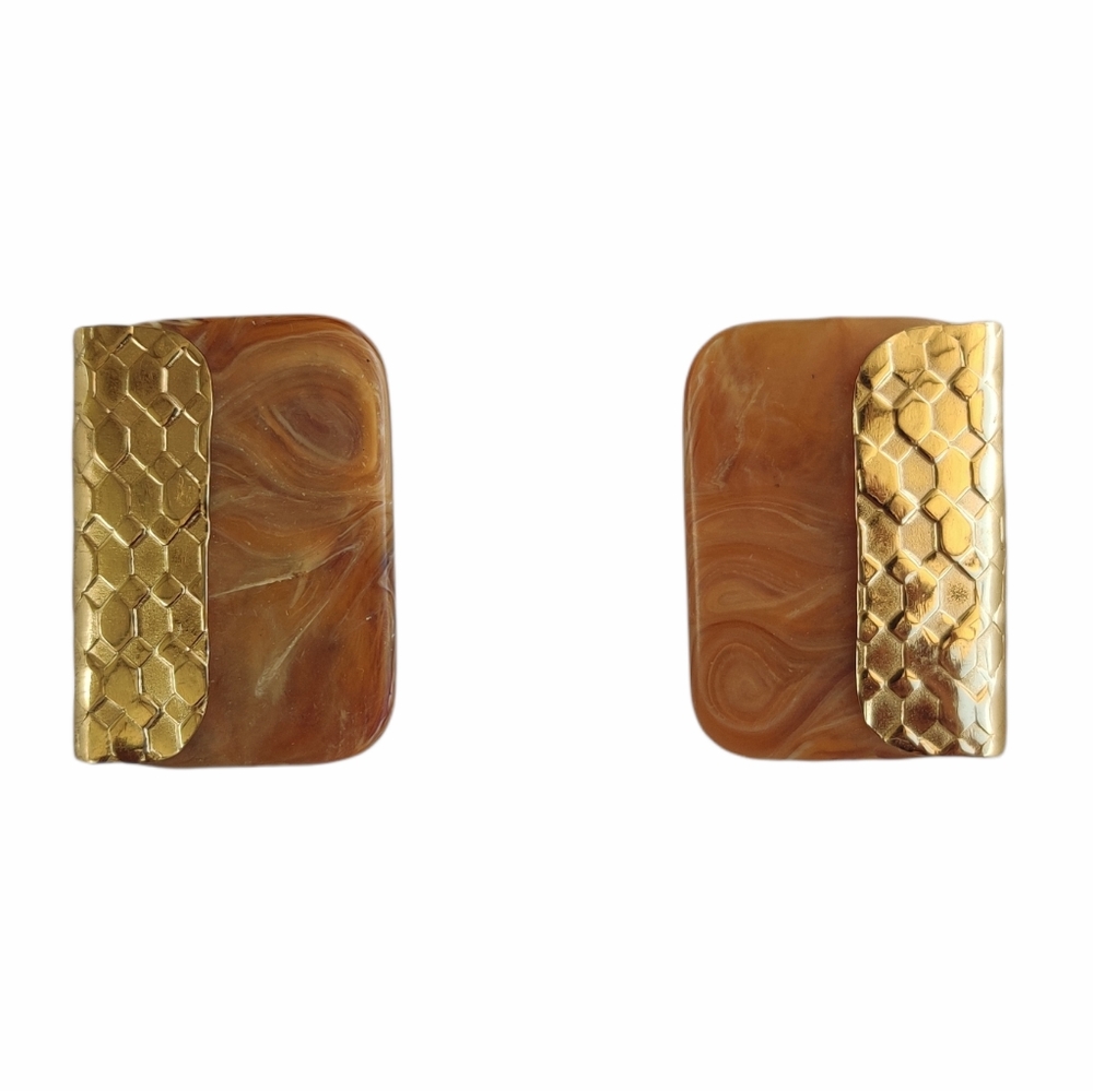 Peach Marble Gold Honeycomb Rectangular Earring S… - image 1